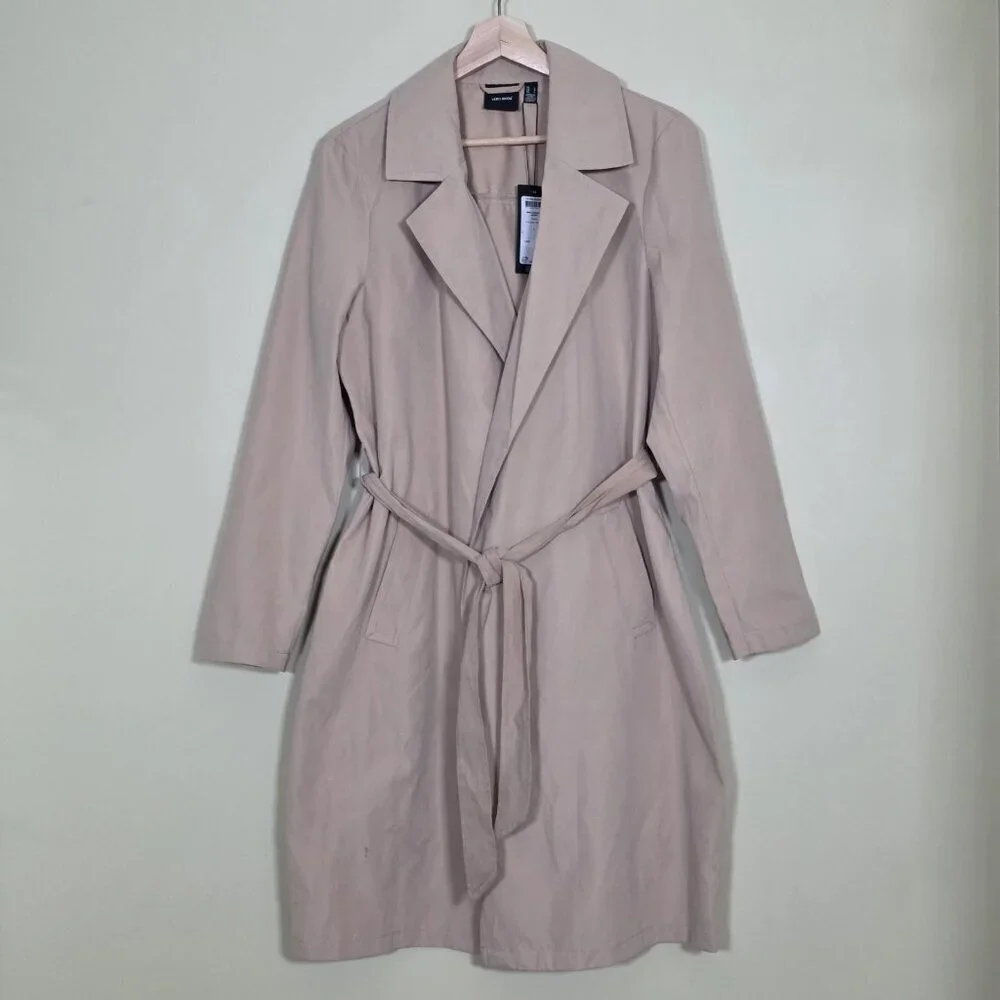 Vero Moda Wrap Coat Womens L Beige Belted Mid Length Pockets Lightweight Preppy
